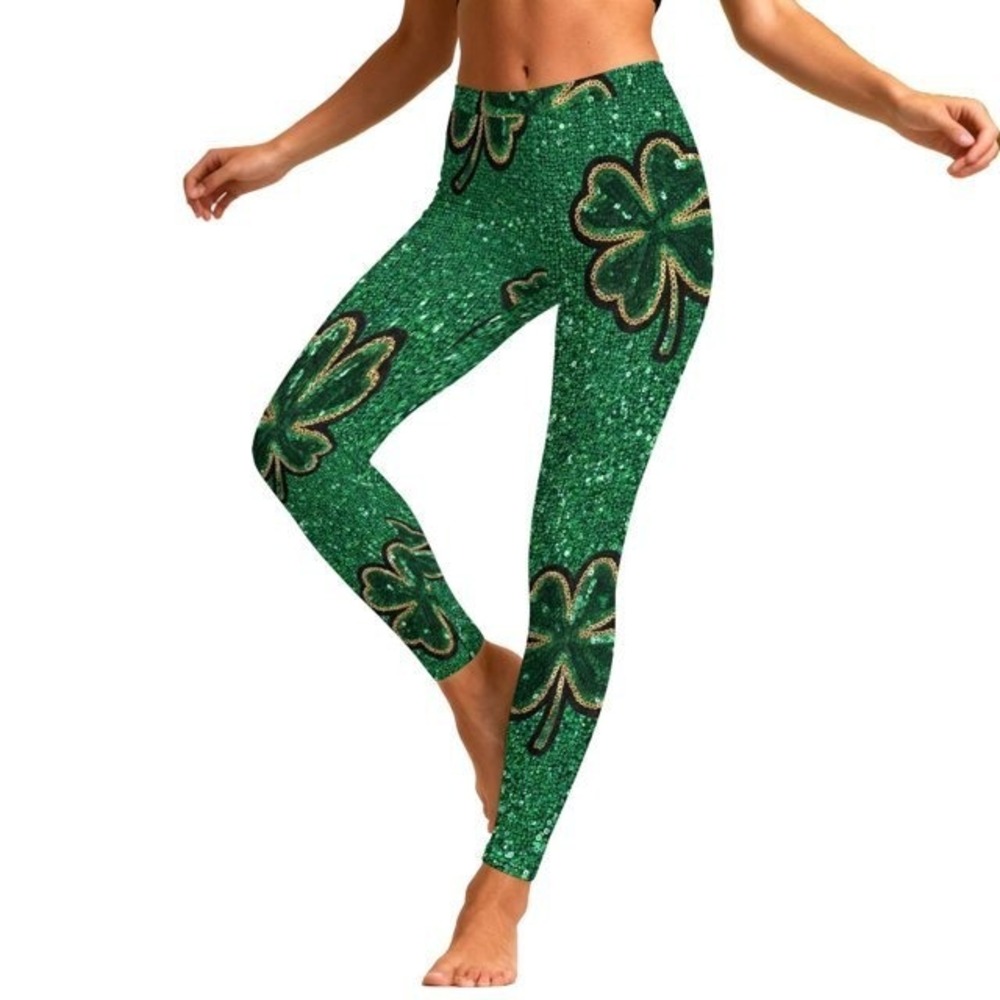 Unbranded Leggings Women Small Green St Patricks Day Shamrock Sequin Print‎ Slim